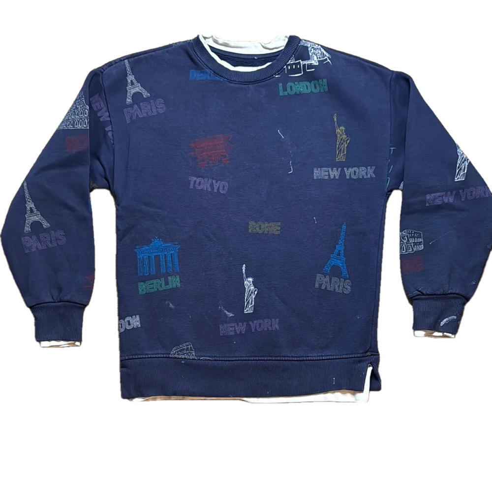 Zara Kids Size 10 Layered Blue White Graphic Travel Cities Sweatshirt